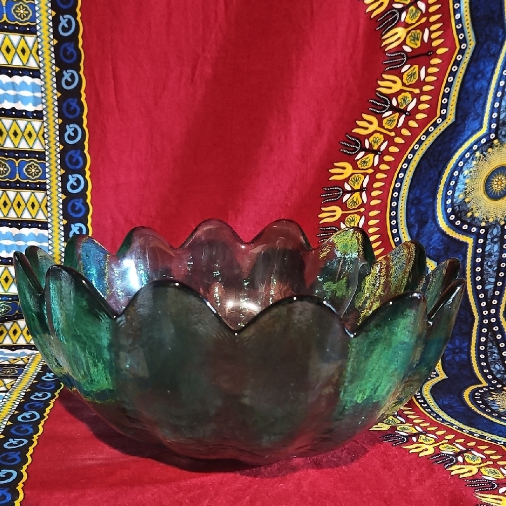 Blenko Glass #6143L Emerald Green 14 Scalloped Petal Lotus Bowl, by Wayne Husted